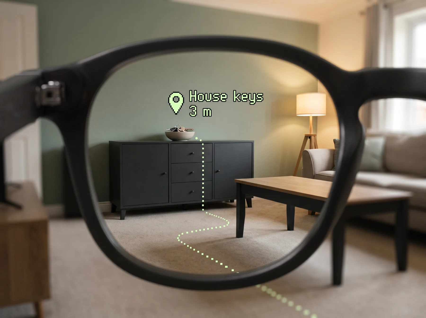 Through the lens: a dotted AR path across a living room to a bowl of house keys