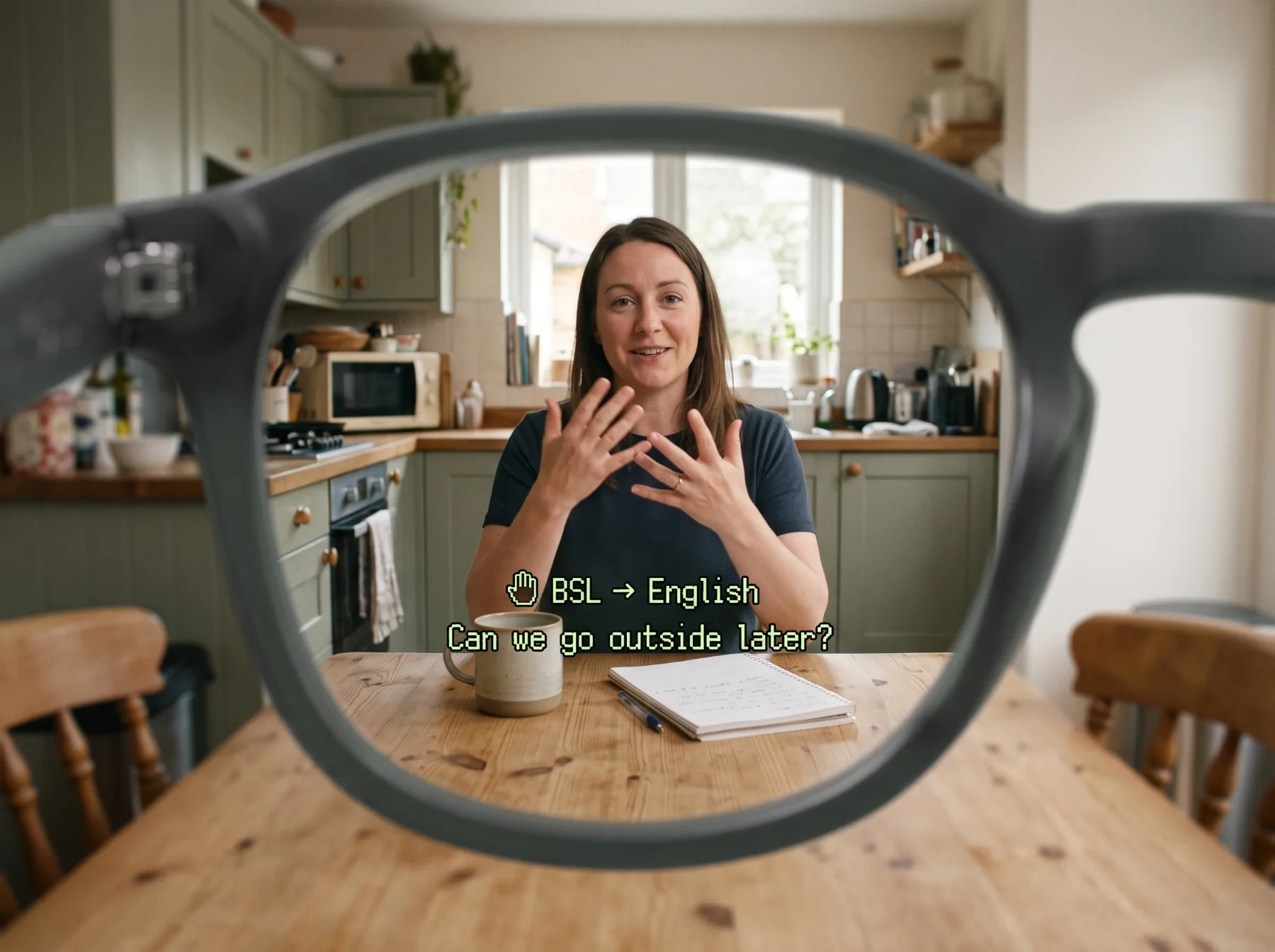 Through the lens: a man signing in BSL, translated to English text