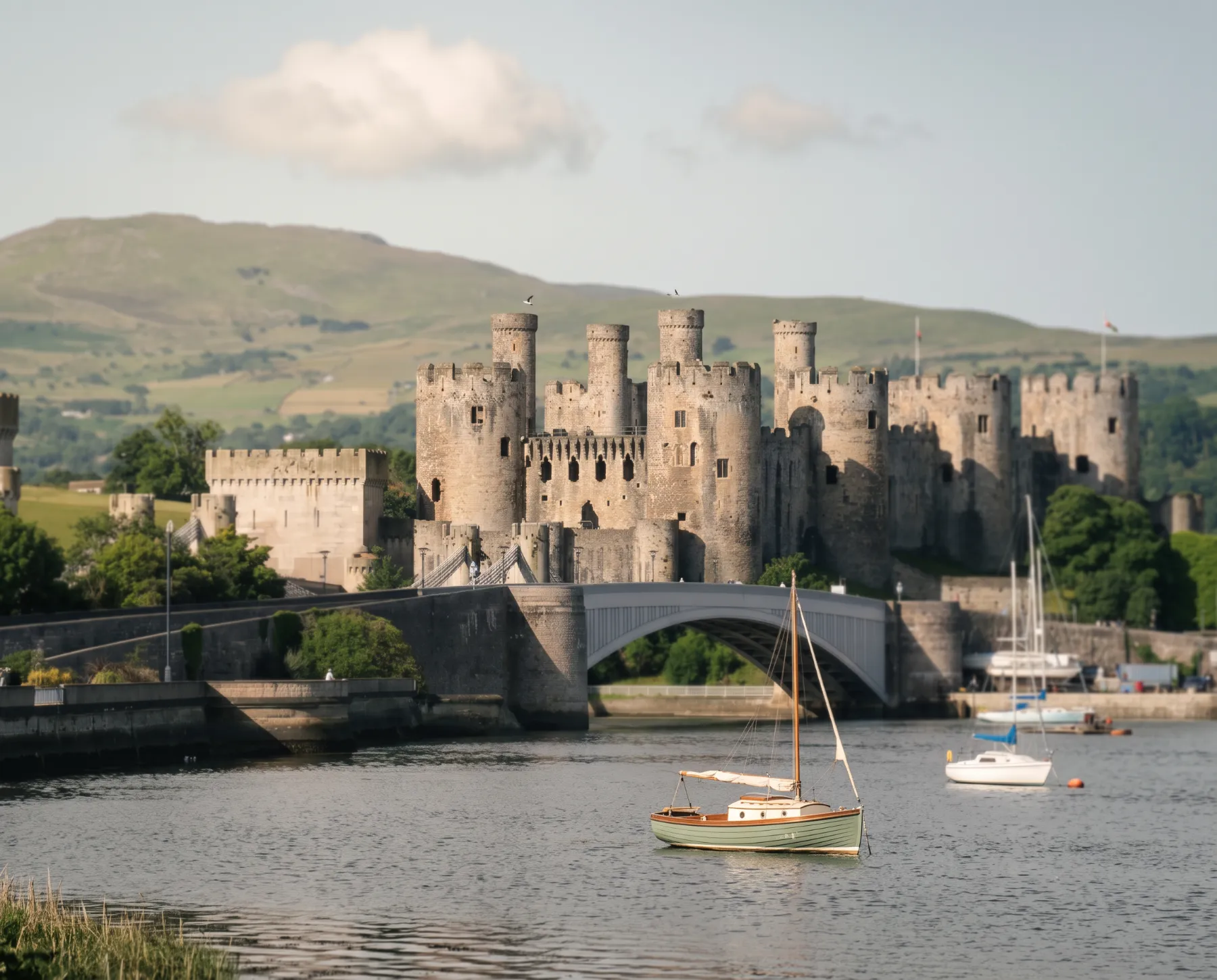 Conwy Castle above the estuary in North Wales, with a small sage-green boat in the foreground