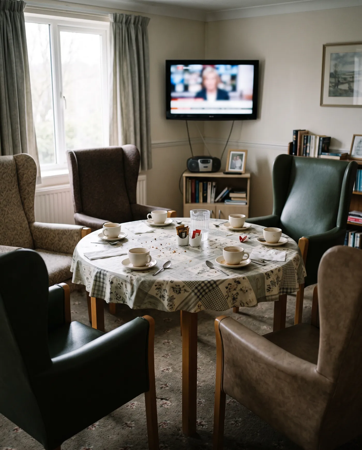 An empty care home dayroom after lunch: half-finished cups of tea around a table, the TV still on